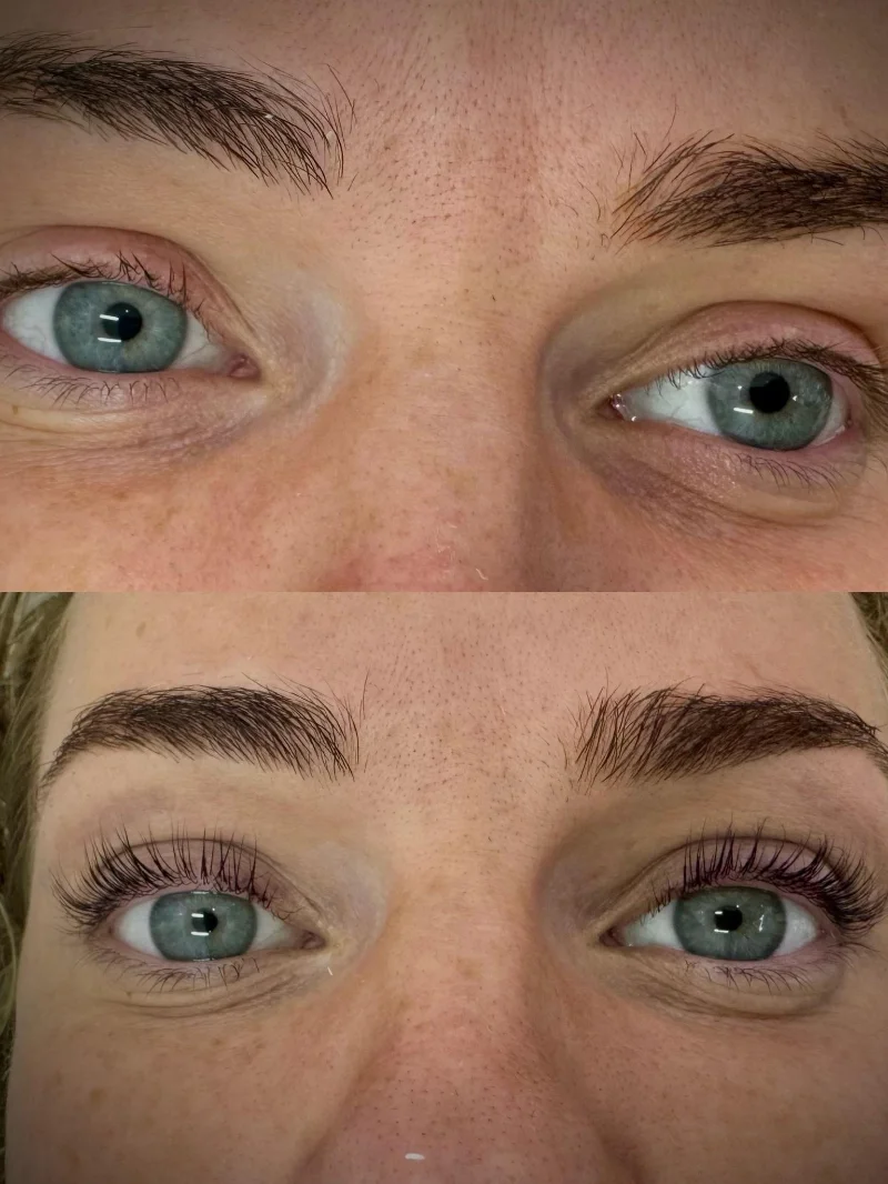 Lash and brow combo before and after, blue-green eyes