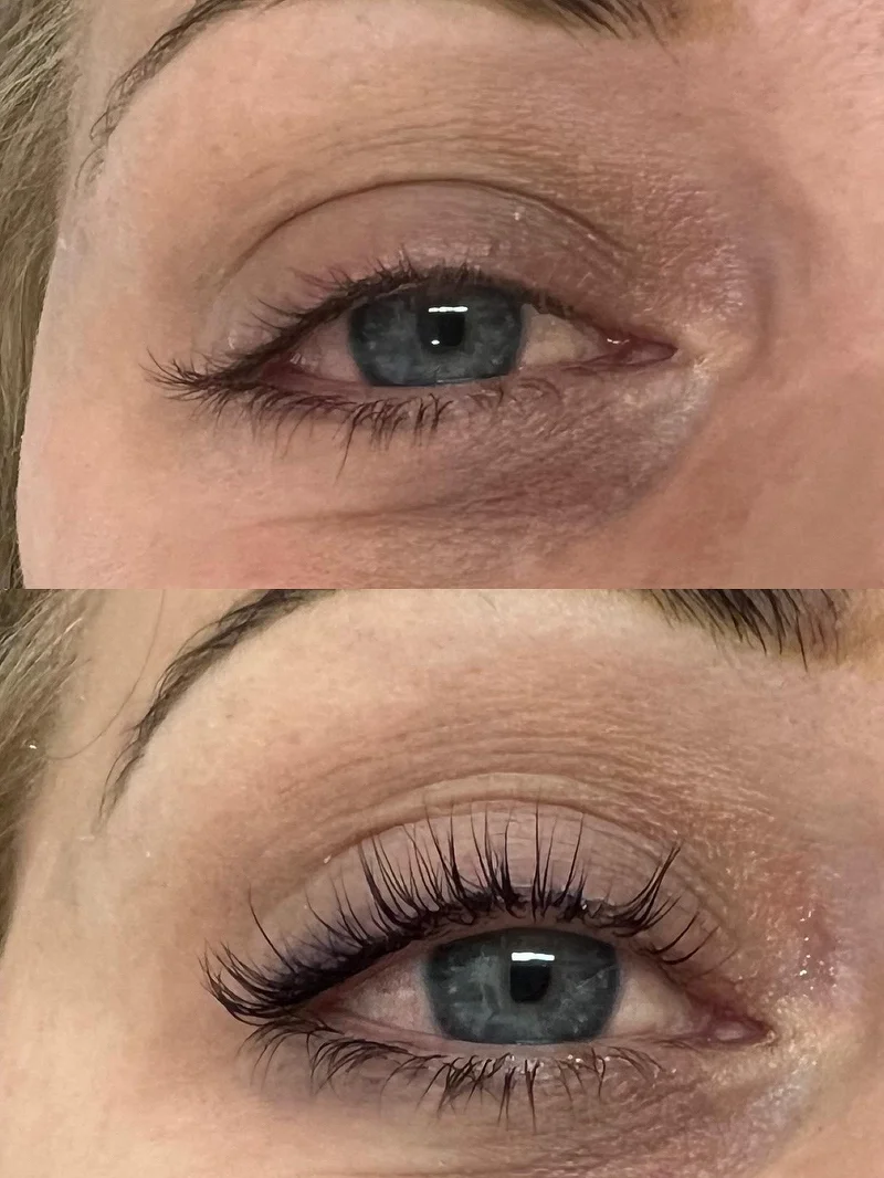 Lash and brow combo before and after, grey-blue eyes