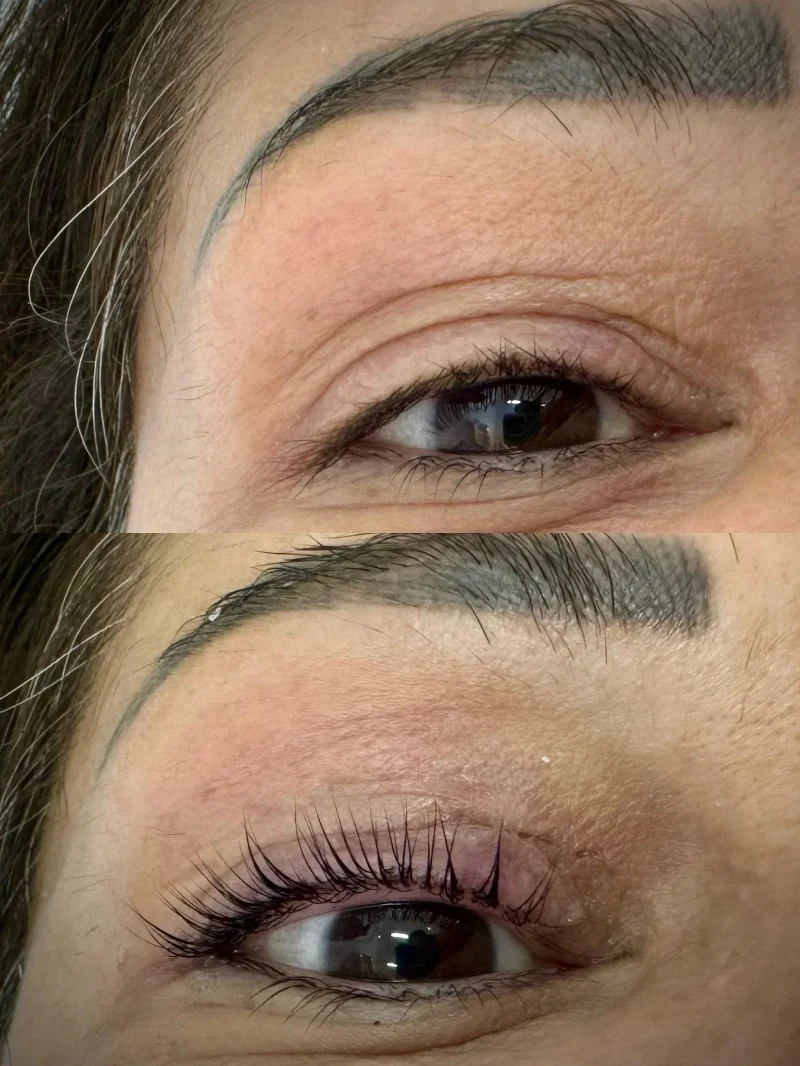 Lash and brow lift before and after, brown-grey mature client