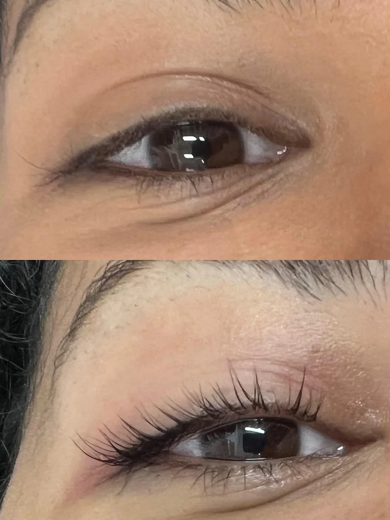 Lash lift before and after, dark brown eyes