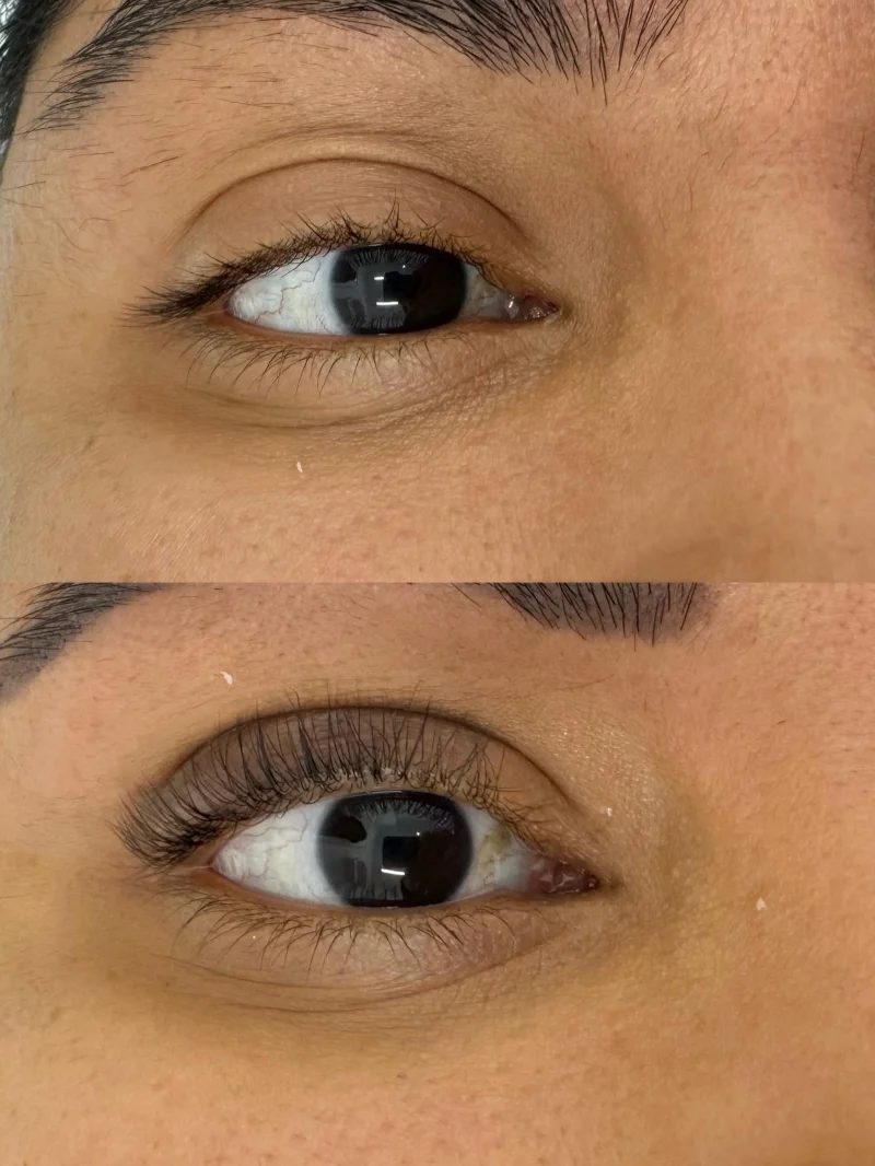Lash lift before and after with brow shaping, dark eyes
